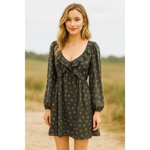 American Eagle SZ Large Ditsy Black Floral Dress Purple Ruffle Bell Sleeves Boho